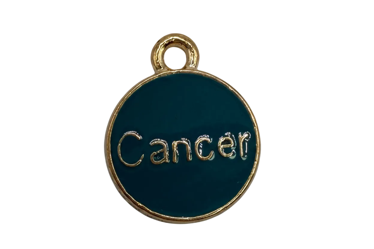 Teal enamel round disc with raised gold Cancer lettering and gold rim