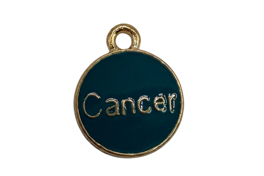 Teal enamel round disc with raised gold Cancer lettering and gold rim