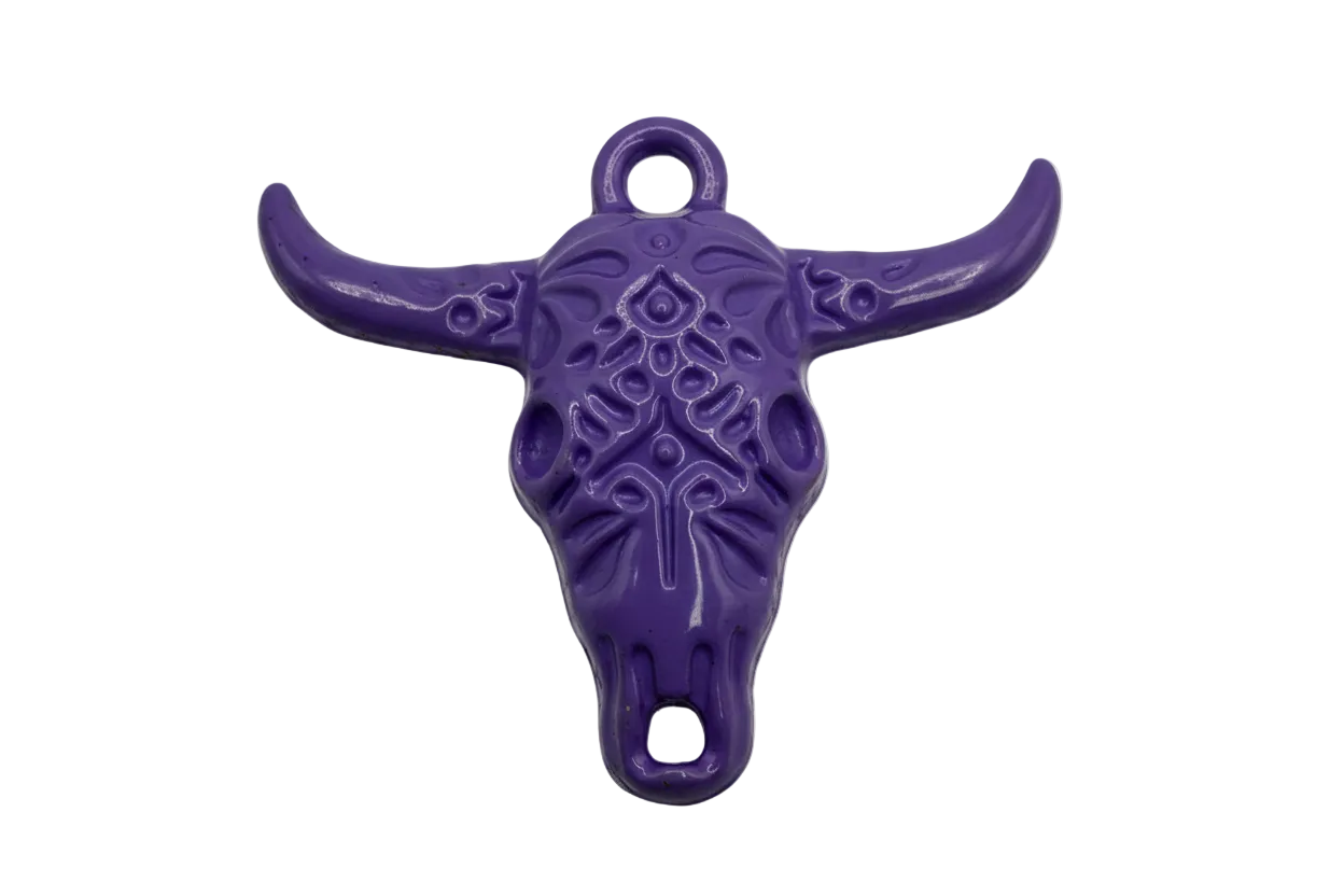 Glossy purple longhorn skull charm with ornate floral relief detailing