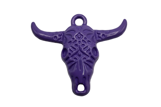 Glossy purple longhorn skull charm with ornate floral relief detailing