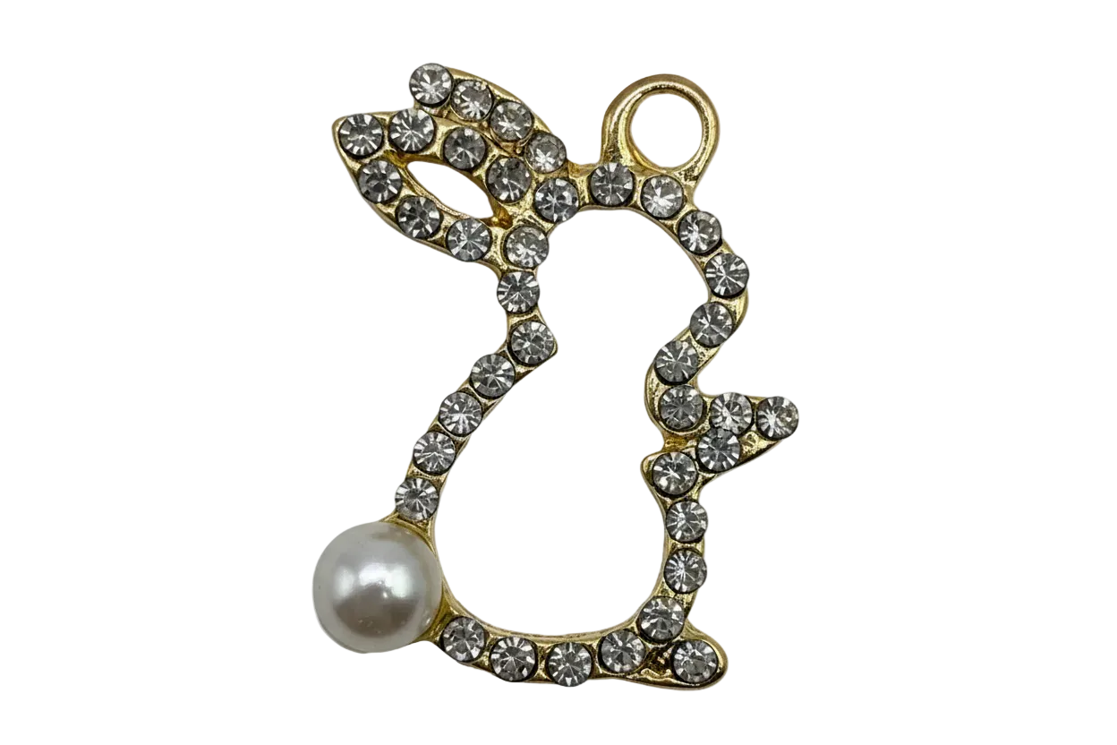 Gold bunny outline charm with clear crystals and a white pearl accent