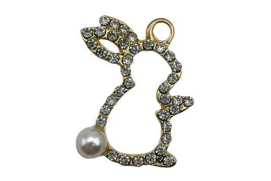 Gold bunny outline charm with clear crystals and a white pearl accent