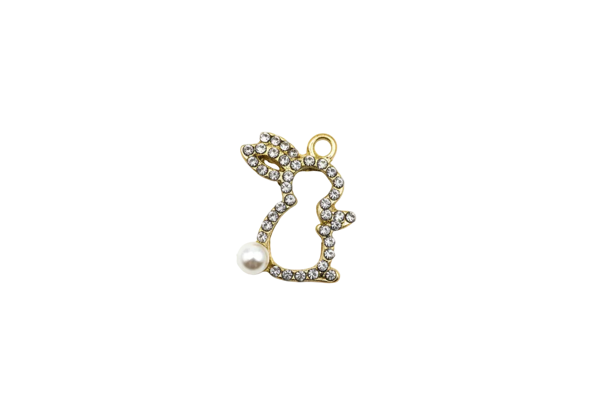 Gold bunny outline with clear crystals and white pearl