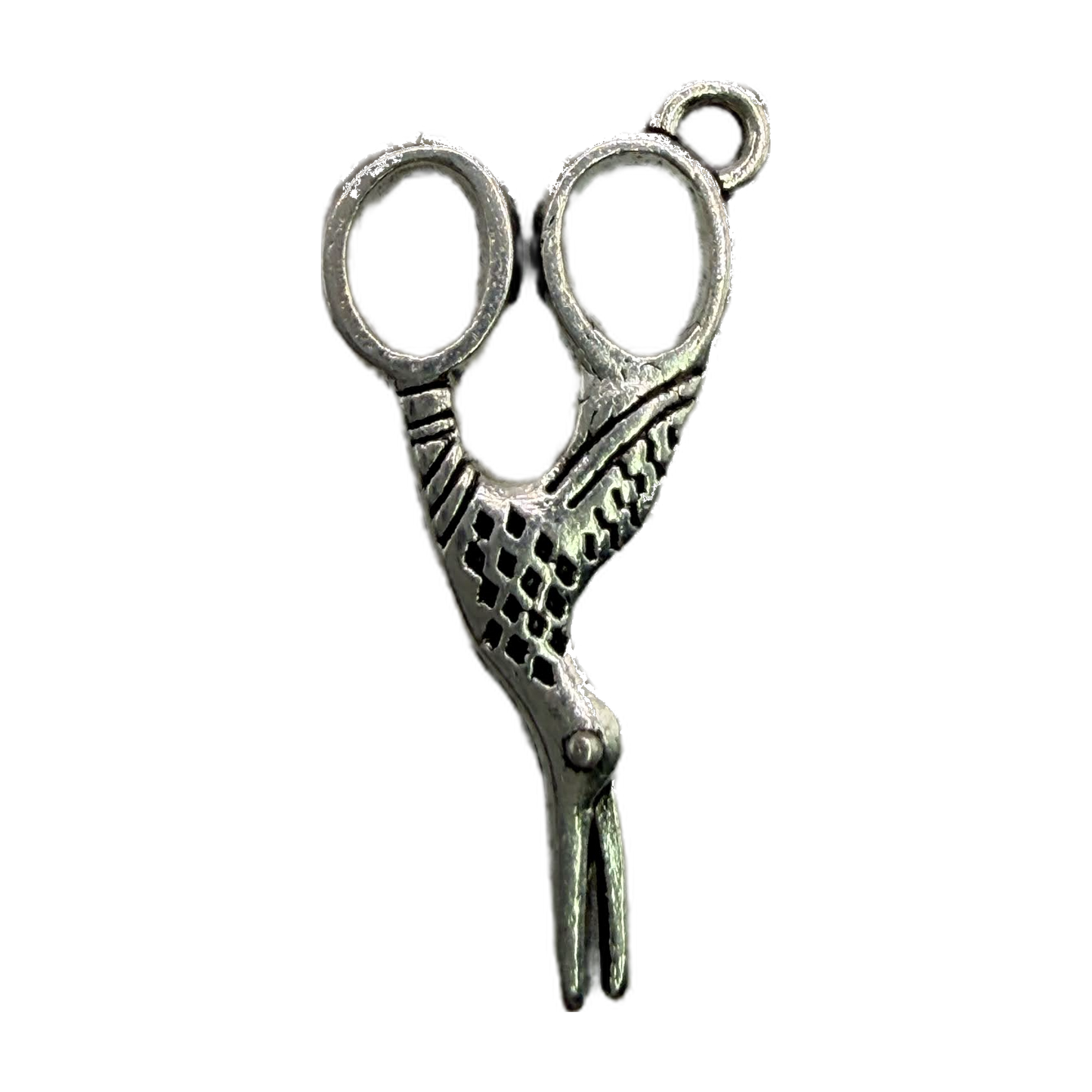 Antique silver scissors charm with engraved texture and oxidized details