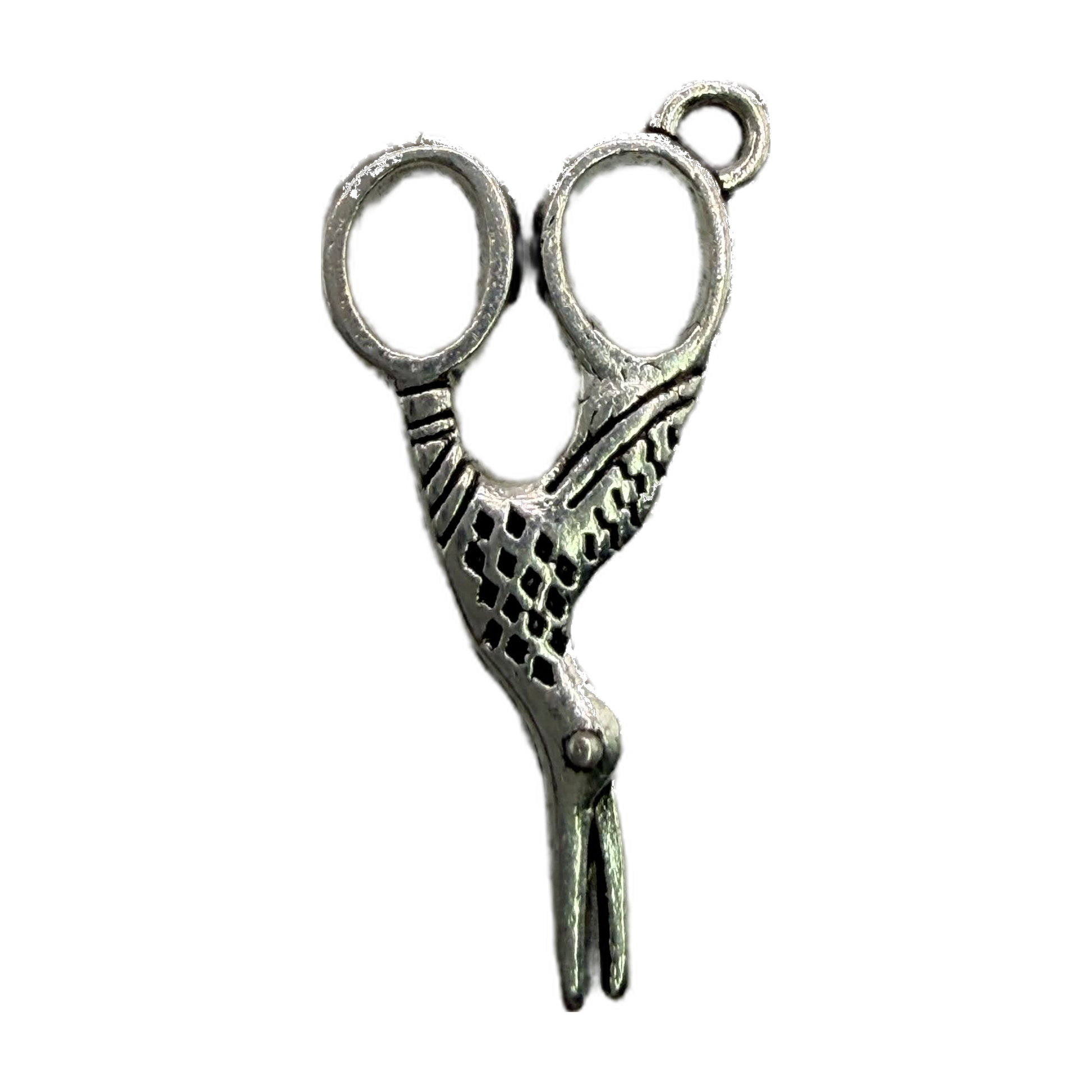 Antique silver scissors charm with engraved texture and oxidized details