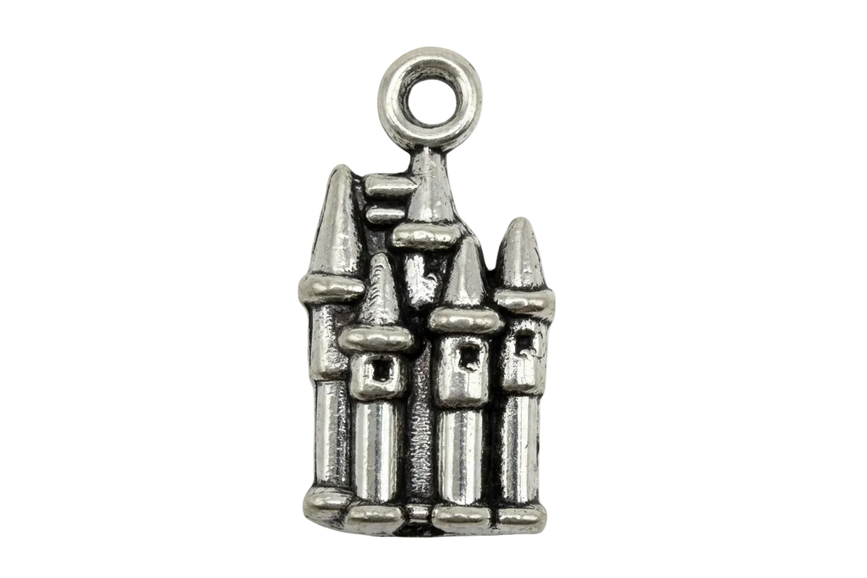Antiqued silver castle pendant with multiple towers and arched details