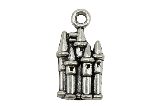 Antiqued silver castle pendant with multiple towers and arched details