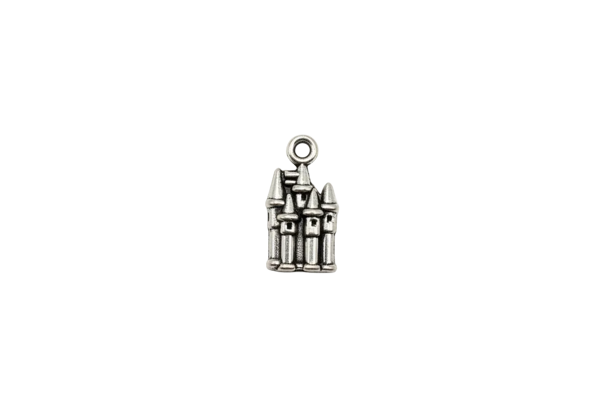 Antiqued silver castle pendant with tower details