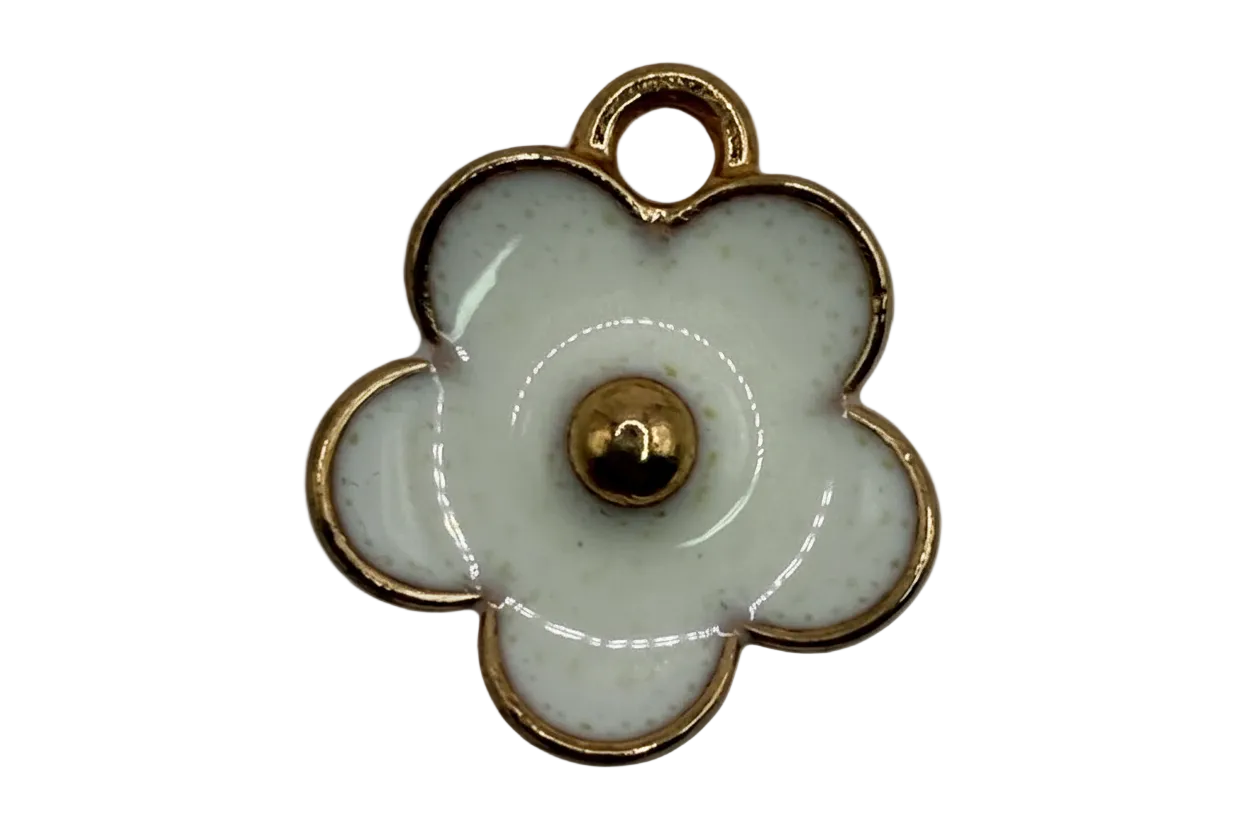 Glossy white five-petal flower charm with gold outline and domed gold center on black background