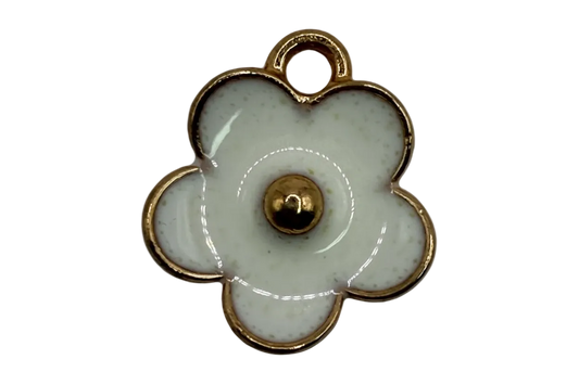 Glossy white five-petal flower charm with gold outline and domed gold center on black background