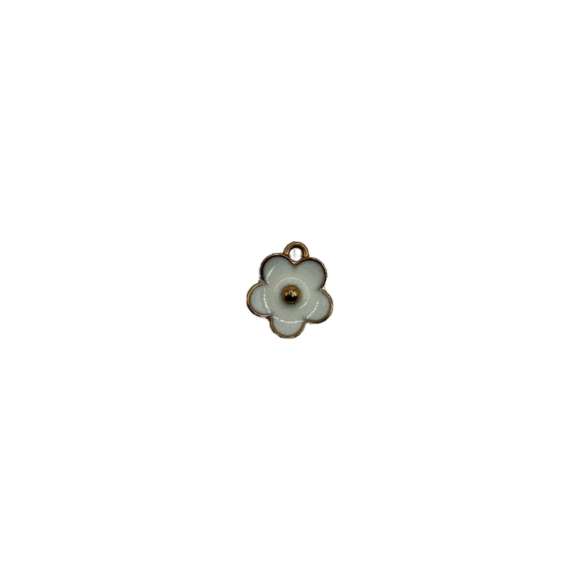 White five-petal flower with gold outline and domed gold center