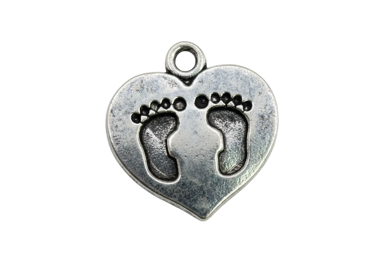 Antiqued silver heart with baby footprints detail