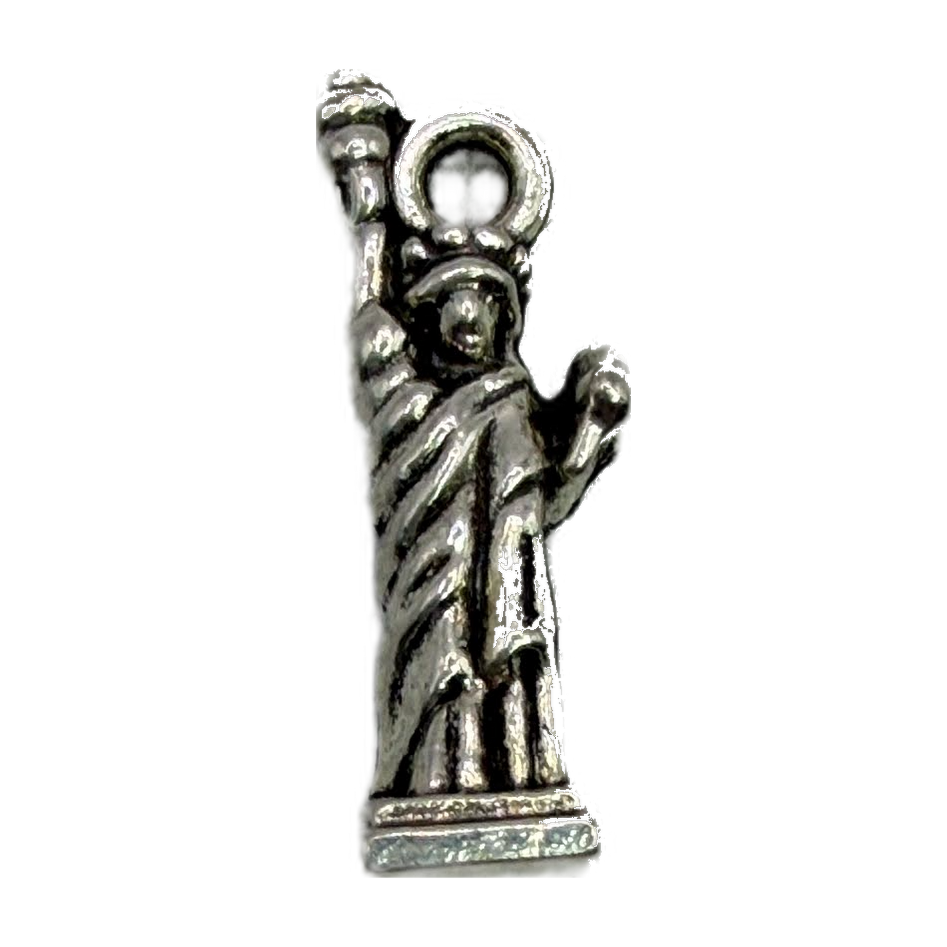 Antique silver Statue of Liberty figure with raised torch and detailed robe