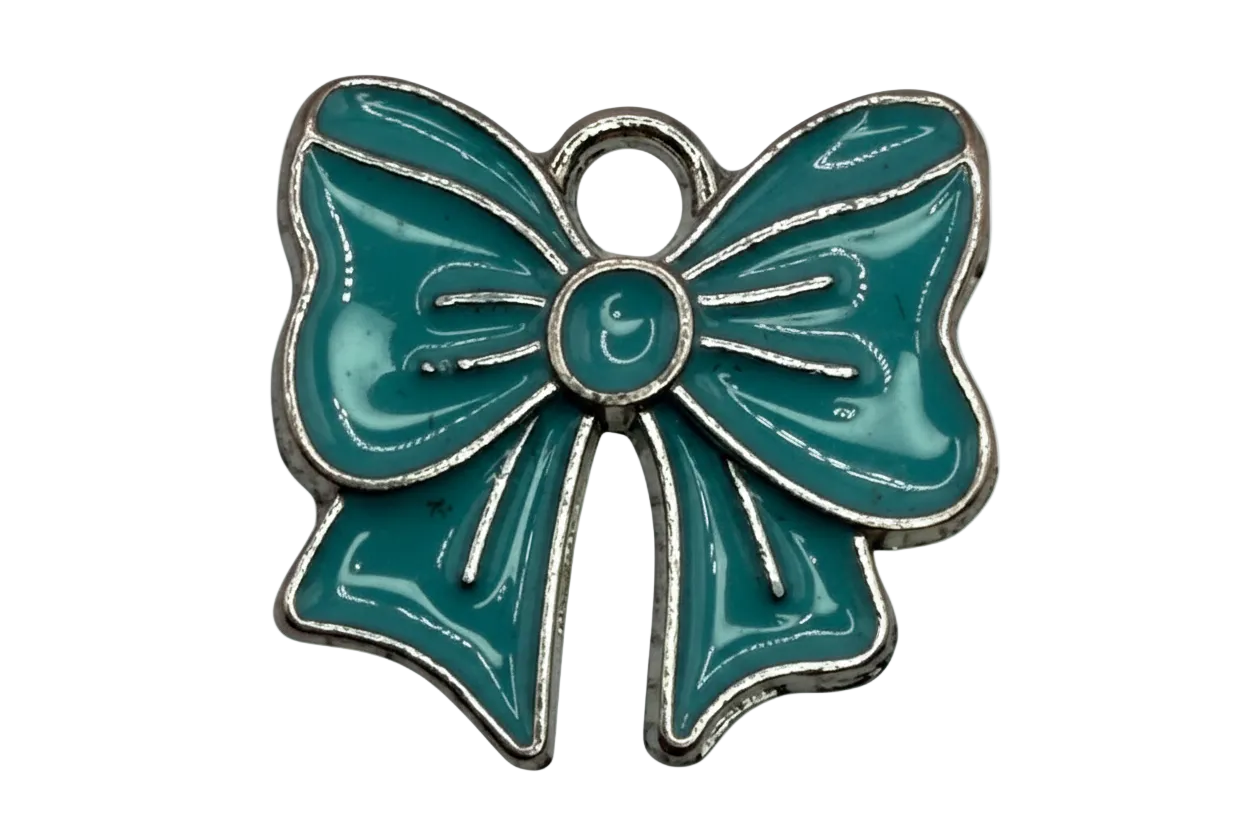 Glossy teal bow with silver outline and molded ribbon details