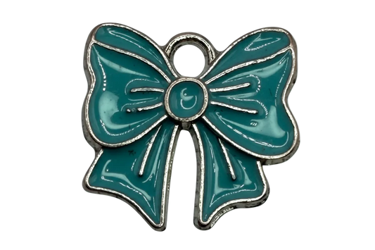 Glossy teal bow with silver outline and molded ribbon details
