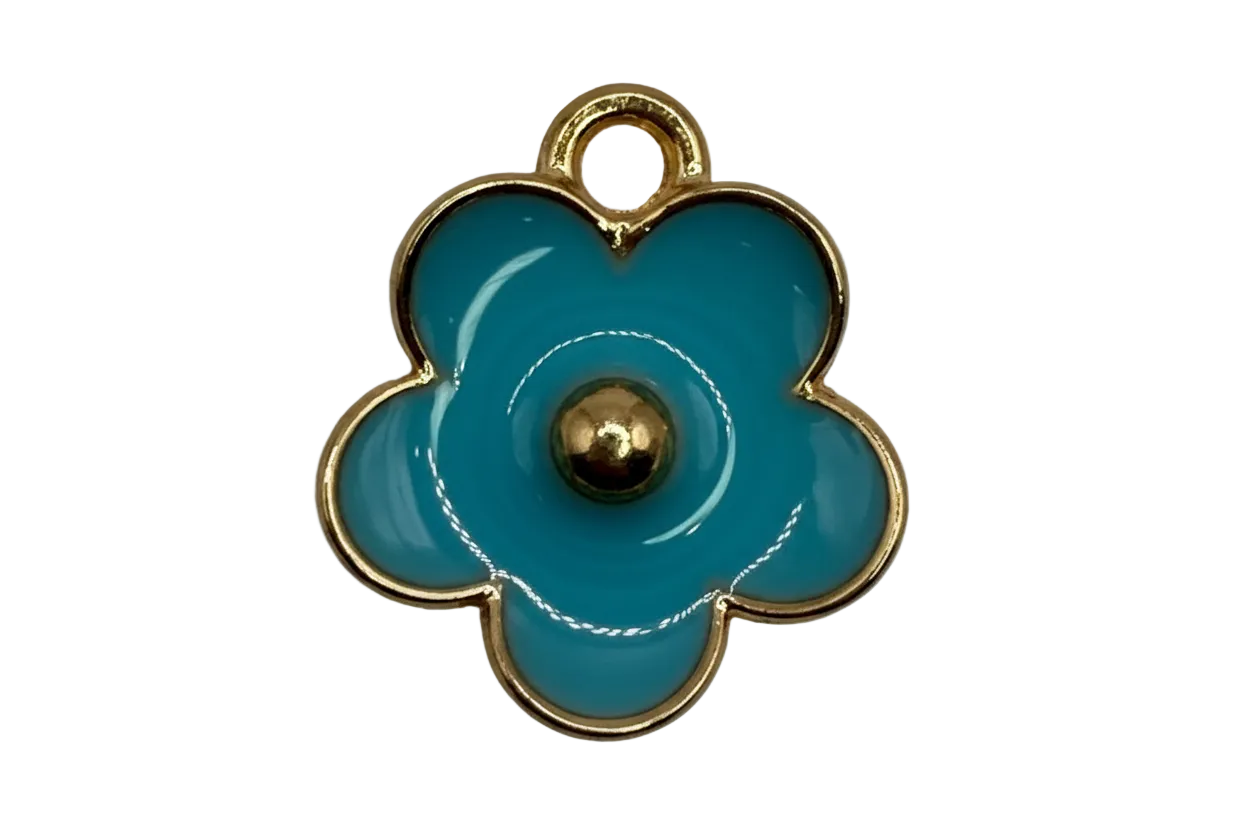 Glossy teal enamel flower with gold outline and gold center bead