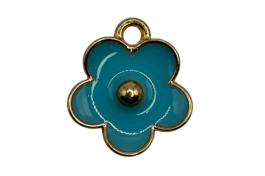 Glossy teal enamel flower with gold outline and gold center bead