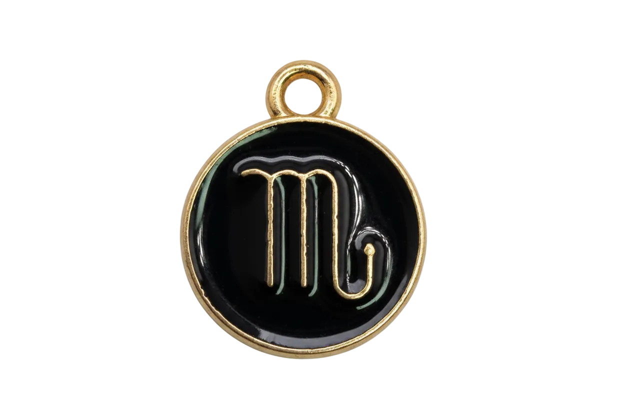 Round black enamel Virgo zodiac medallion with gold outline and gold symbol