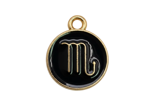 Round black enamel Virgo zodiac medallion with gold outline and gold symbol
