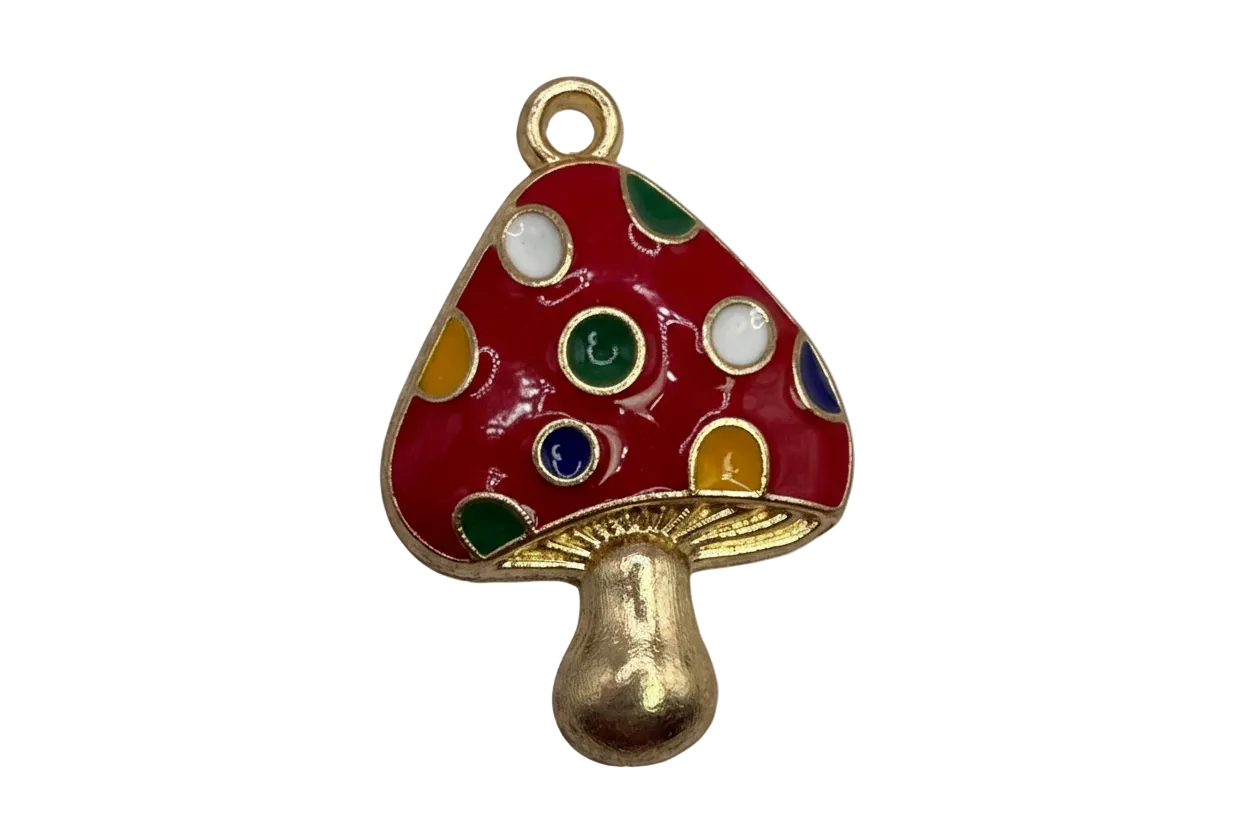 Gold mushroom with glossy red cap and multicolor polka dots