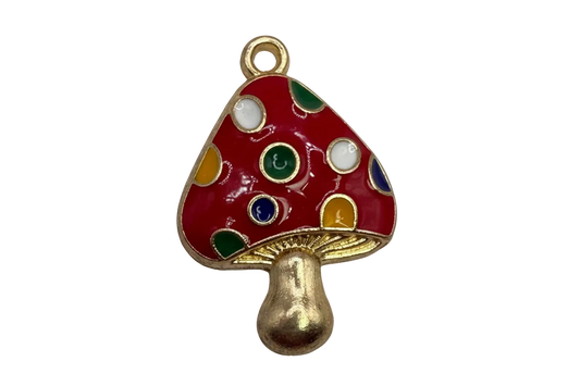 Gold mushroom with glossy red cap and multicolor polka dots