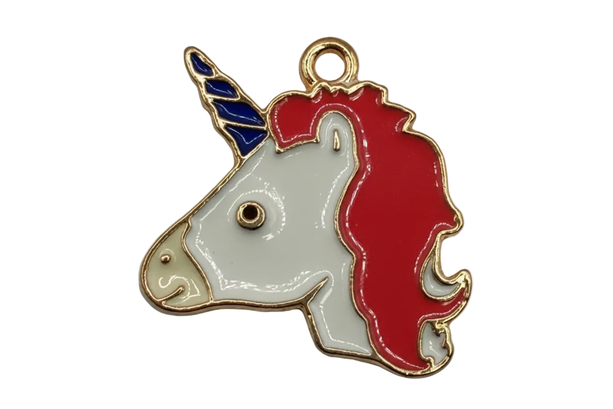 White unicorn head with red mane and blue horn, glossy enamel with gold outline