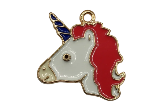 White unicorn head with red mane and blue horn, glossy enamel with gold outline