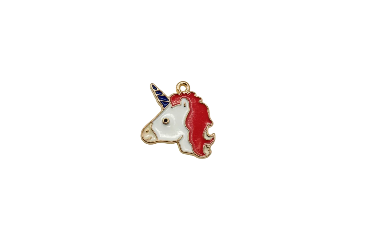 Unicorn head enamel in white, red, and blue with gold outline