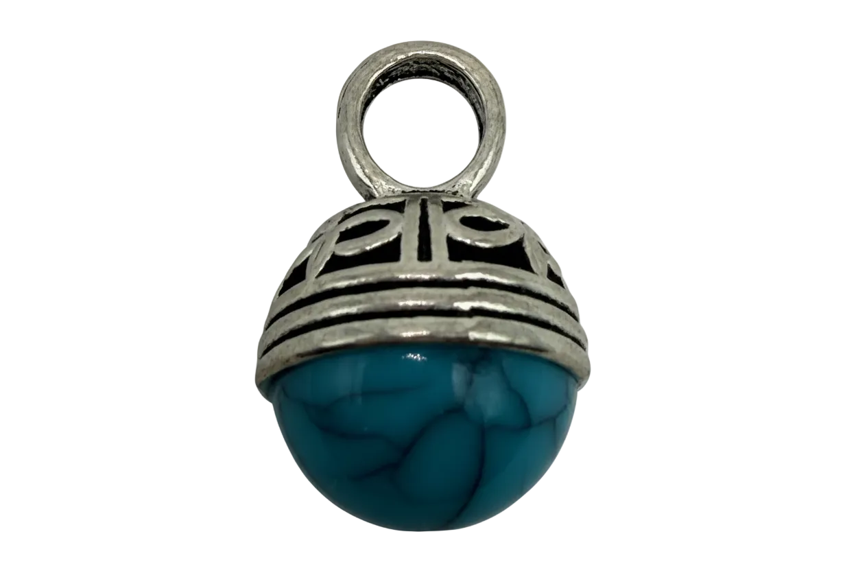 Marbled turquoise sphere pendant with antiqued silver cap and top ring, on black background