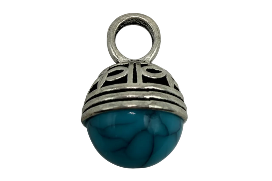 Marbled turquoise sphere pendant with antiqued silver cap and top ring, on black background