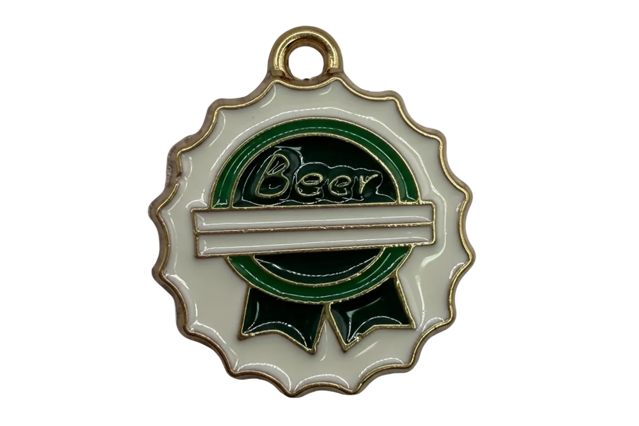 Green and cream enamel award ribbon medallion with “Beer” text and gold outline