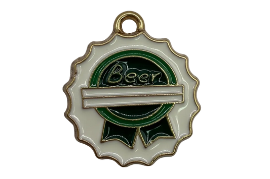 Green and cream enamel award ribbon medallion with “Beer” text and gold outline