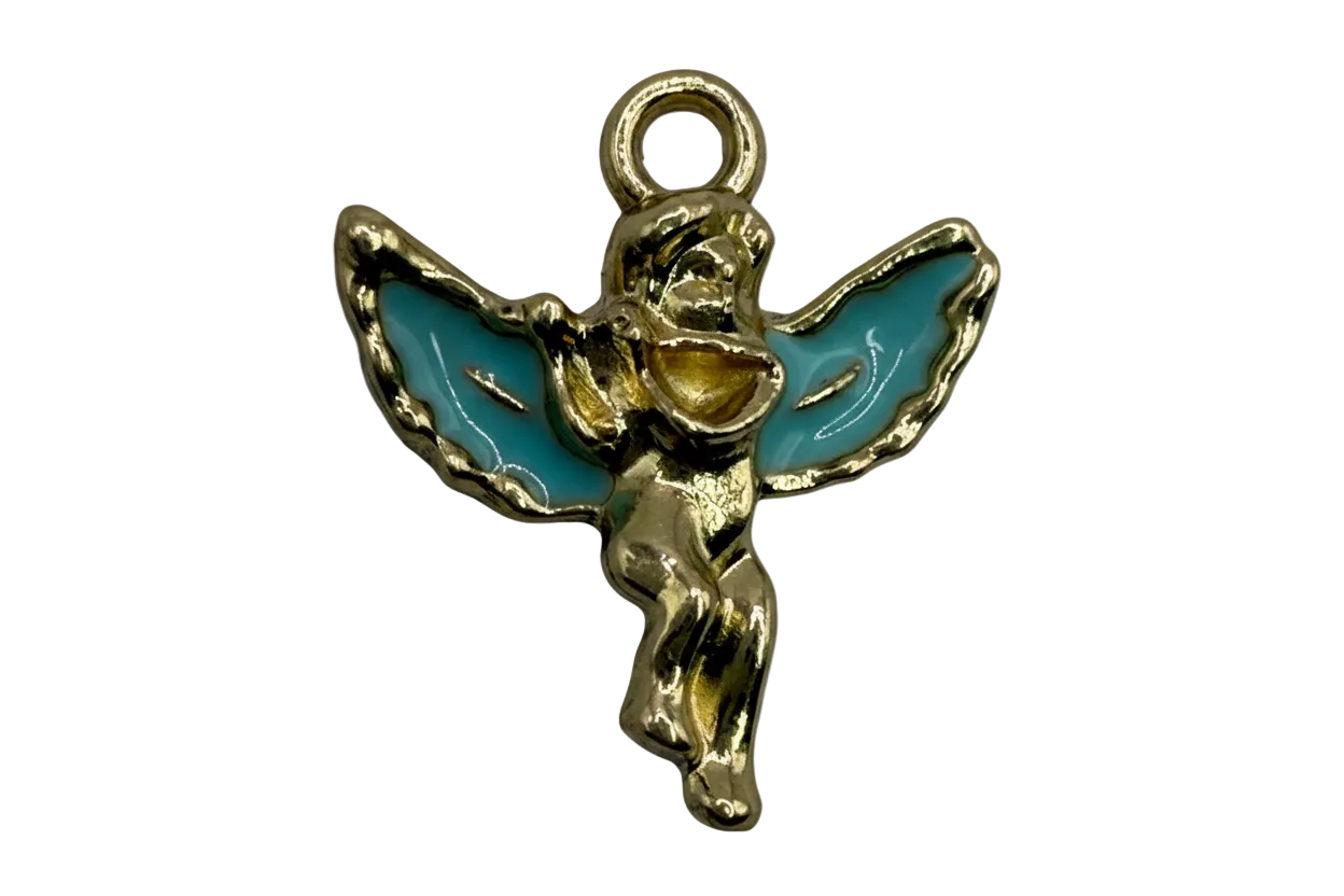 Gold fairy figure with glossy blue enamel wings, flying pose