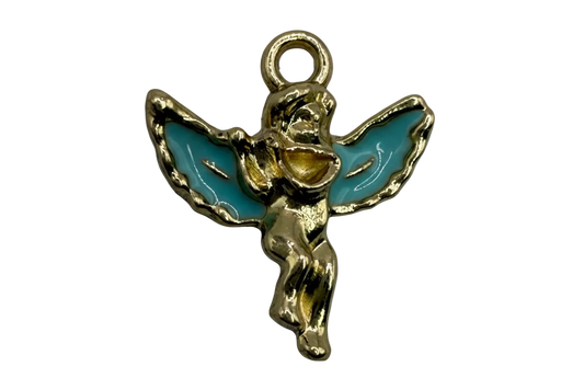 Gold fairy figure with glossy blue enamel wings, flying pose