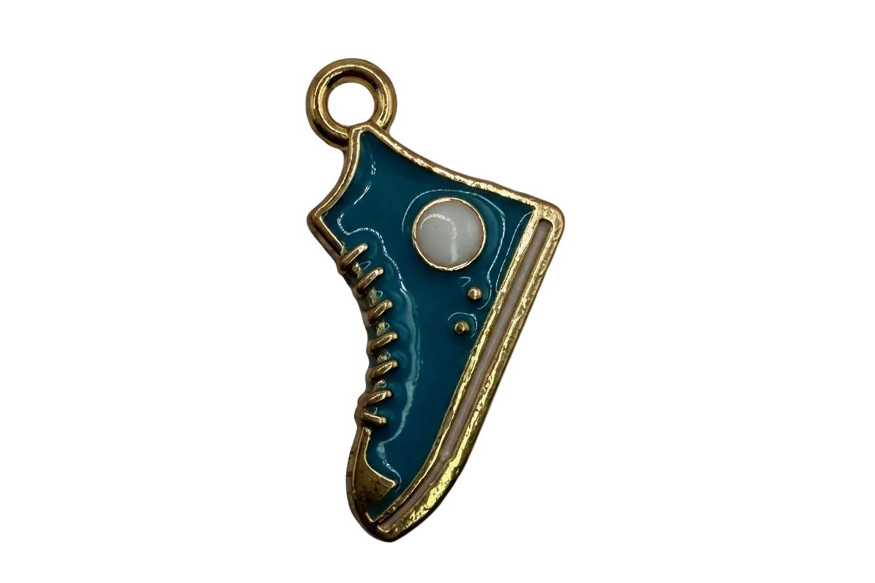 Teal enamel sneaker shoe with gold outline and white sole detailing