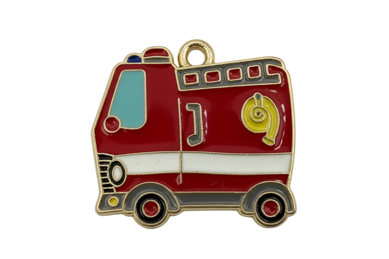 Glossy red enamel fire truck with white stripe and gold outline