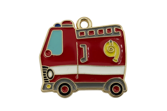 Glossy red enamel fire truck with white stripe and gold outline