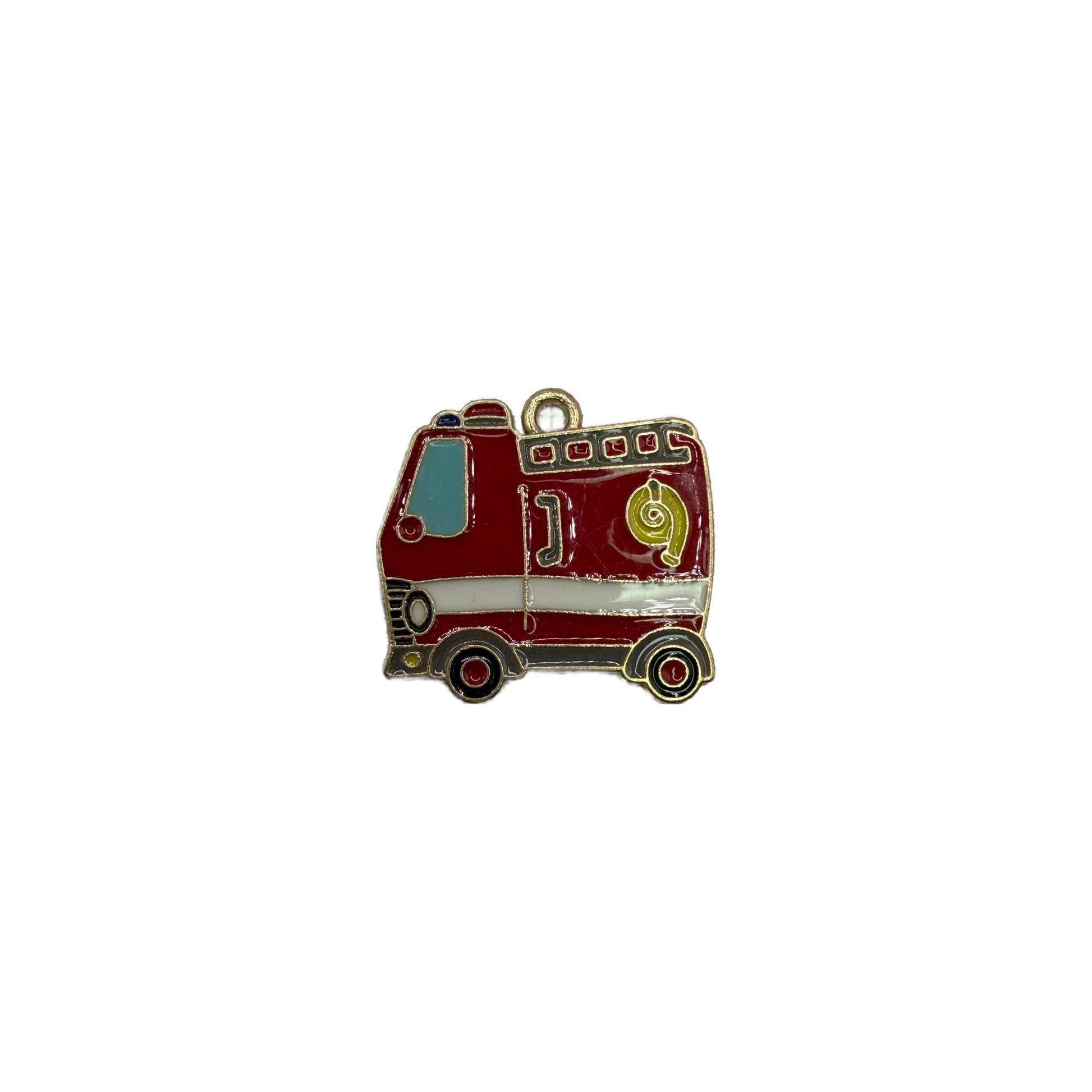 Red enamel fire truck with white stripe, gold outline