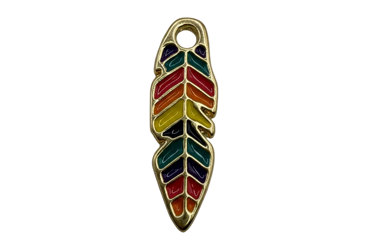 Gold feather pendant with glossy rainbow enamel sections on black background