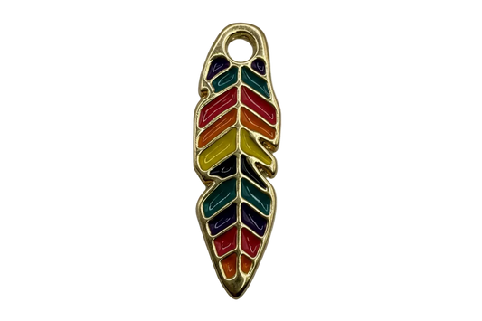 Gold feather pendant with glossy rainbow enamel sections on black background