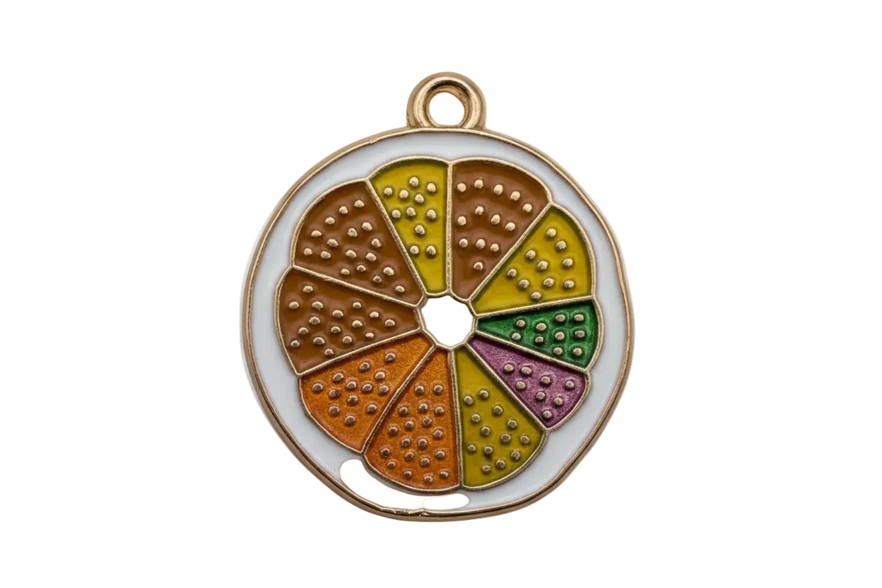 Round rainbow citrus slice disc with glossy multicolor enamel segments and white border in gold