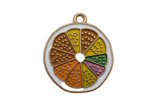 Round rainbow citrus slice disc with glossy multicolor enamel segments and white border in gold