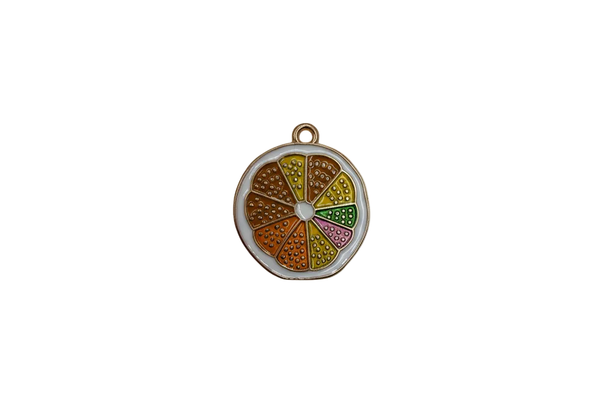 Rainbow citrus slice disc with glossy enamel and white border in gold