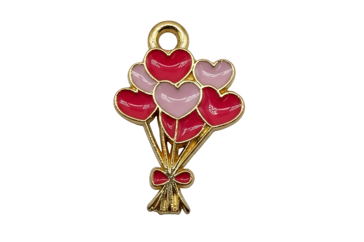 Gold heart balloon bouquet with glossy red and blush pink enamel hearts and a red bow
