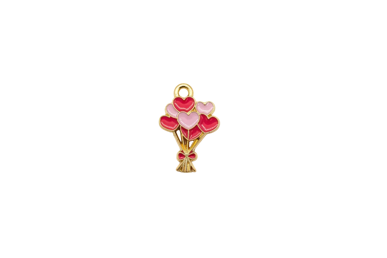 Gold heart balloon bouquet with red and blush enamel hearts