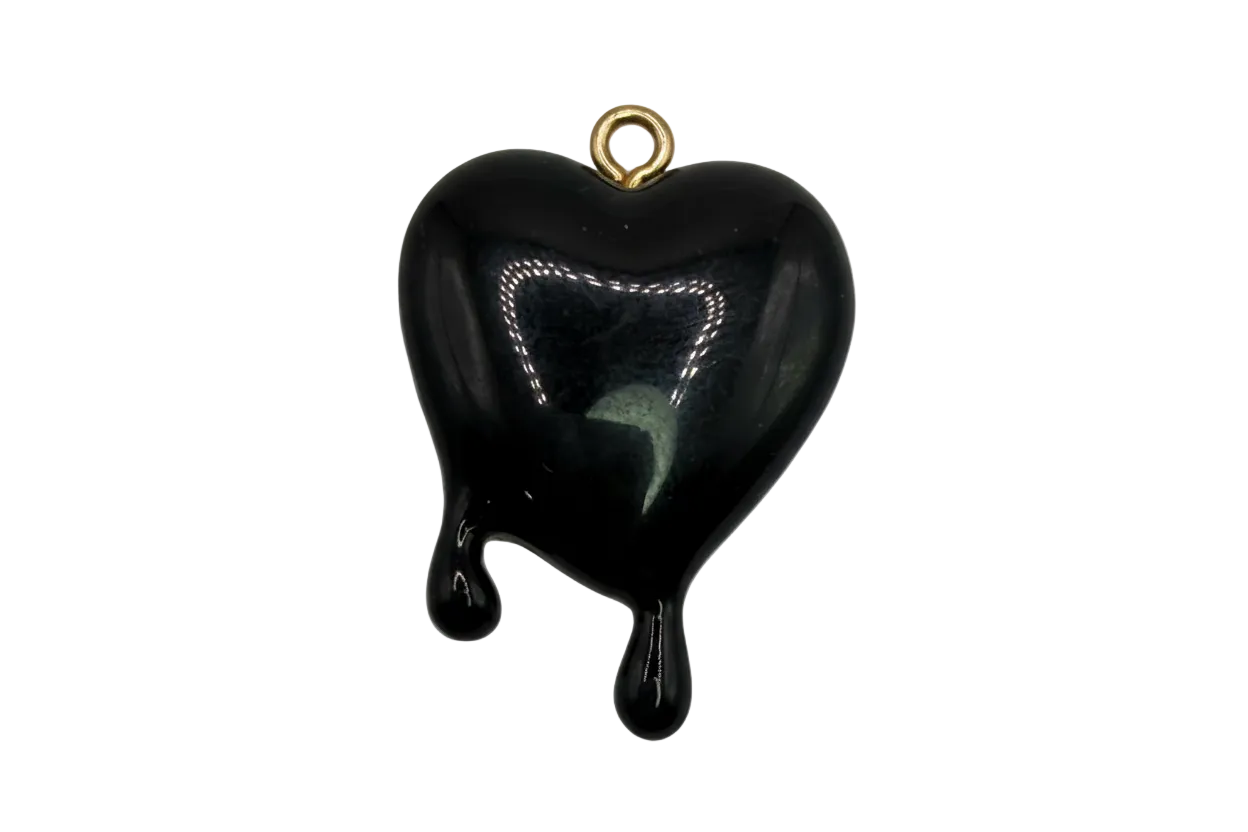 Glossy black dripping heart pendant with gold top detail