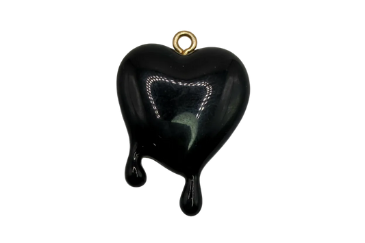 Glossy black dripping heart pendant with gold top detail