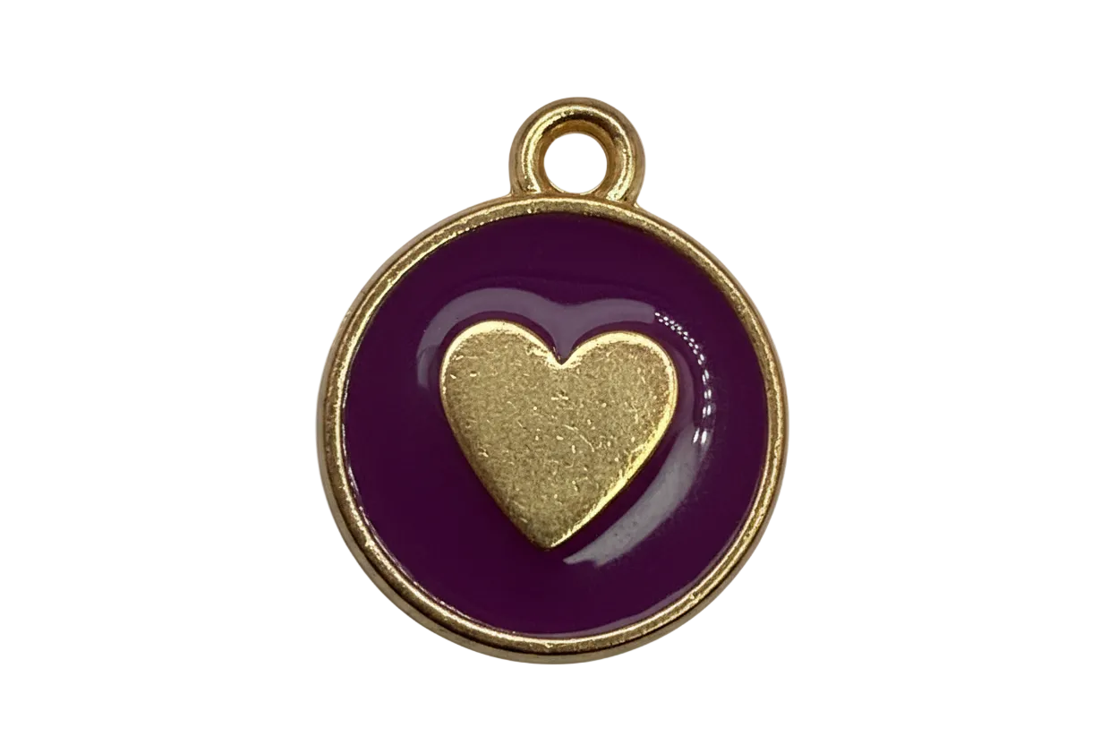 Round glossy purple enamel medallion with raised gold heart center