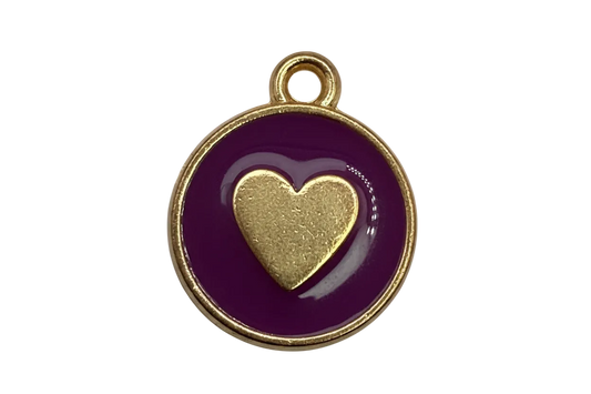 Round glossy purple enamel medallion with raised gold heart center