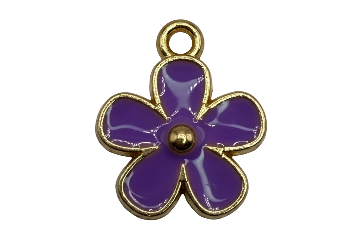 Glossy purple five-petal flower charm with gold outline and domed center on black background